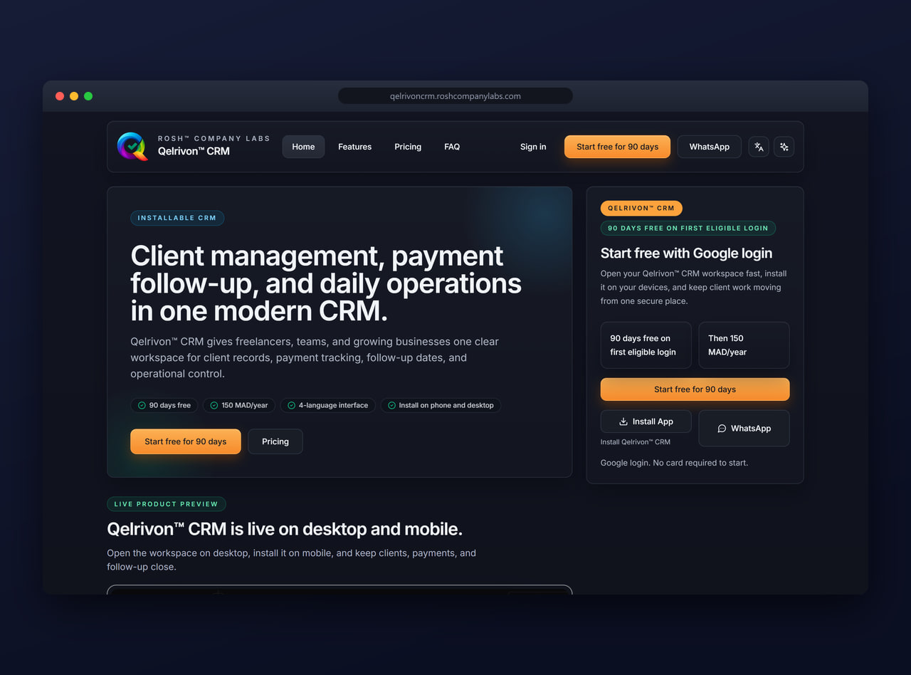 Qelrivon™ CRM dashboard — orders, client tree, resolution queue and executive command center