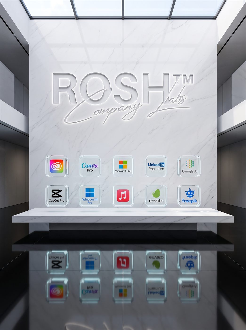 ROSH™ Company Labs flagship hall — premium digital products: Adobe Creative Cloud, Canva Pro, Microsoft 365, LinkedIn Premium, Google AI, CapCut Pro, Windows 11 Pro, Freepik and Envato