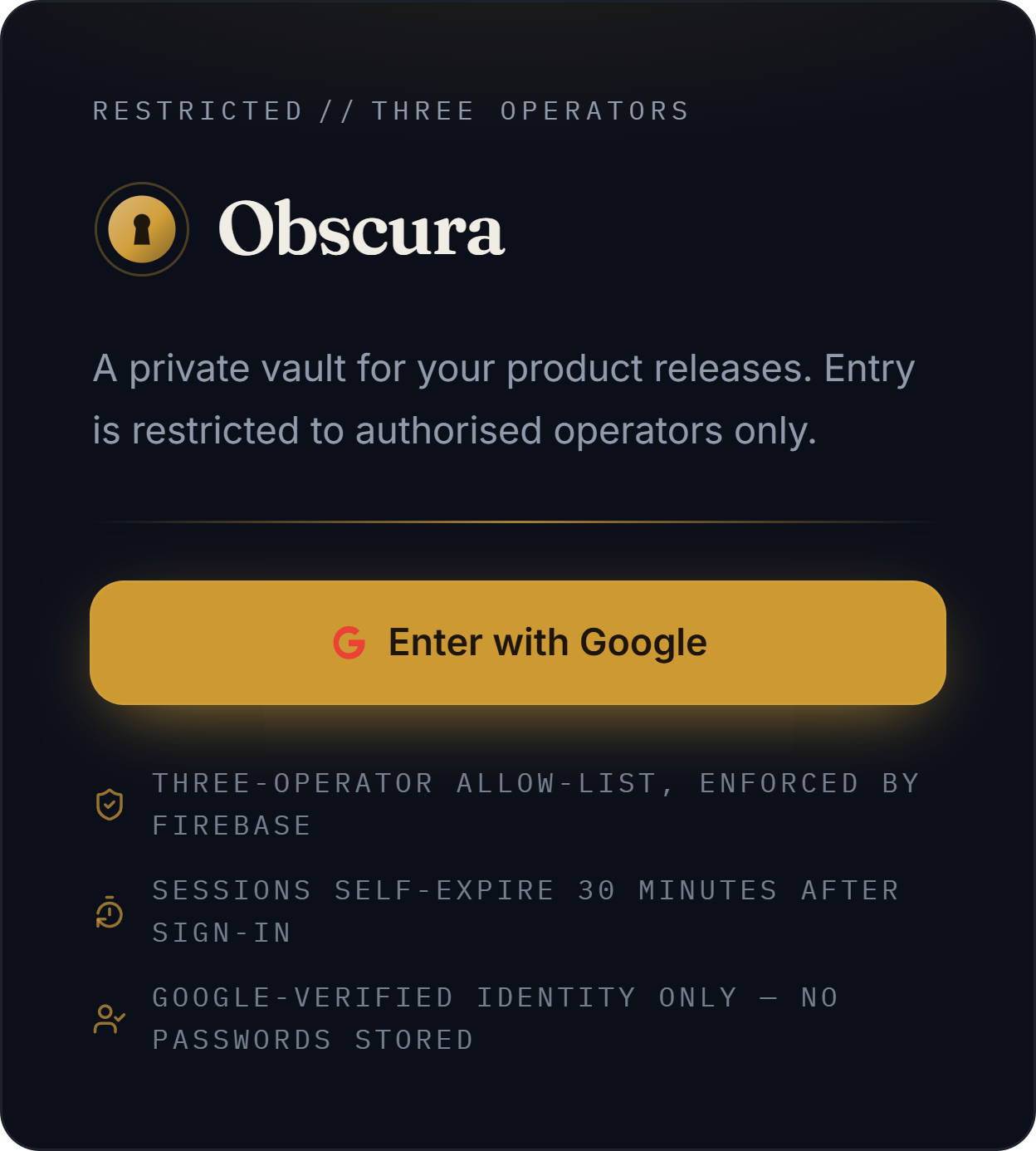 Obscura vault login screen — built by ROSH™ Company Labs