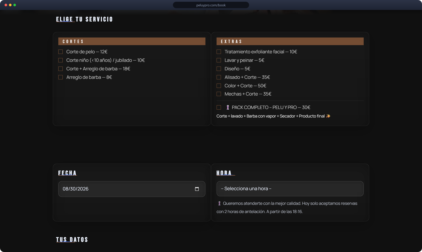 PeluYPro booking system — service selection on peluypro.com, built by ROSH™ Company Labs
